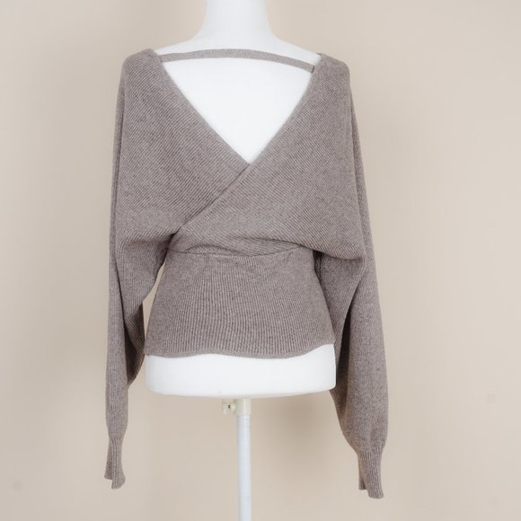 Open Back Dolman Sleeve Fine Ribbed Wrap Sweater in Grey Taupe - Picture 3 of 5